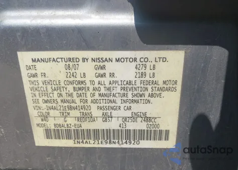 2008 Nissan Altima 2.5 S z USA, uszkodzony, nr VIN 1N4AL21E98N414920